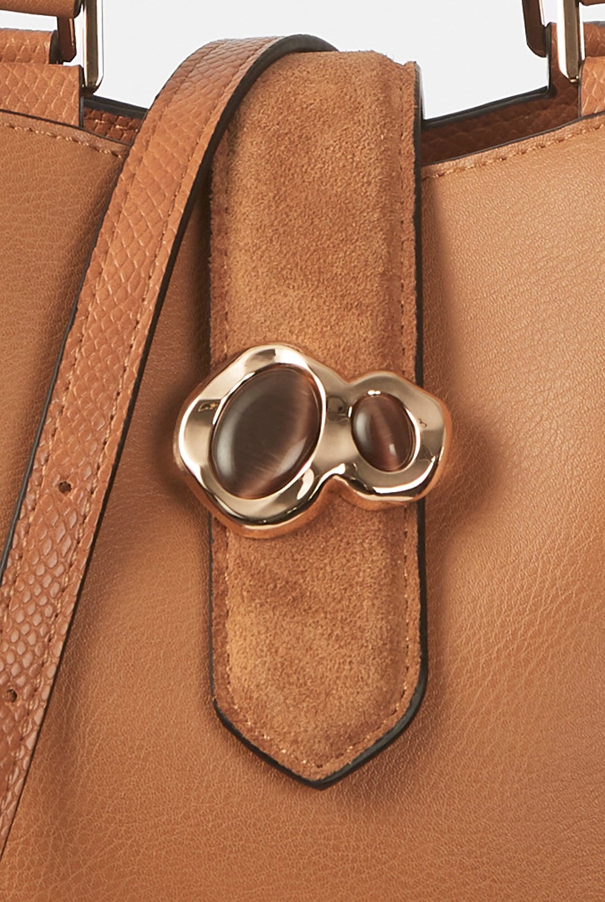 Luella Grey brown handbag front clasp with metal horseshoe hardware