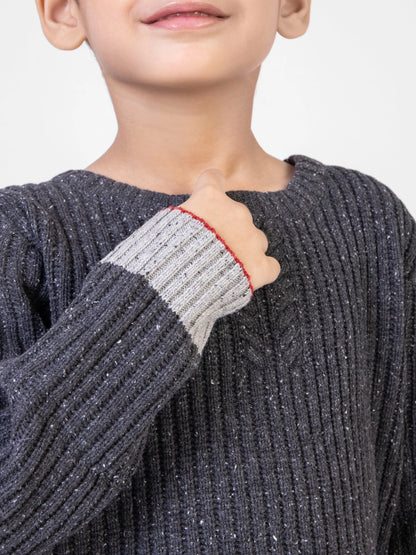 Charcoal knit sweater with light striped ribbed cuffs