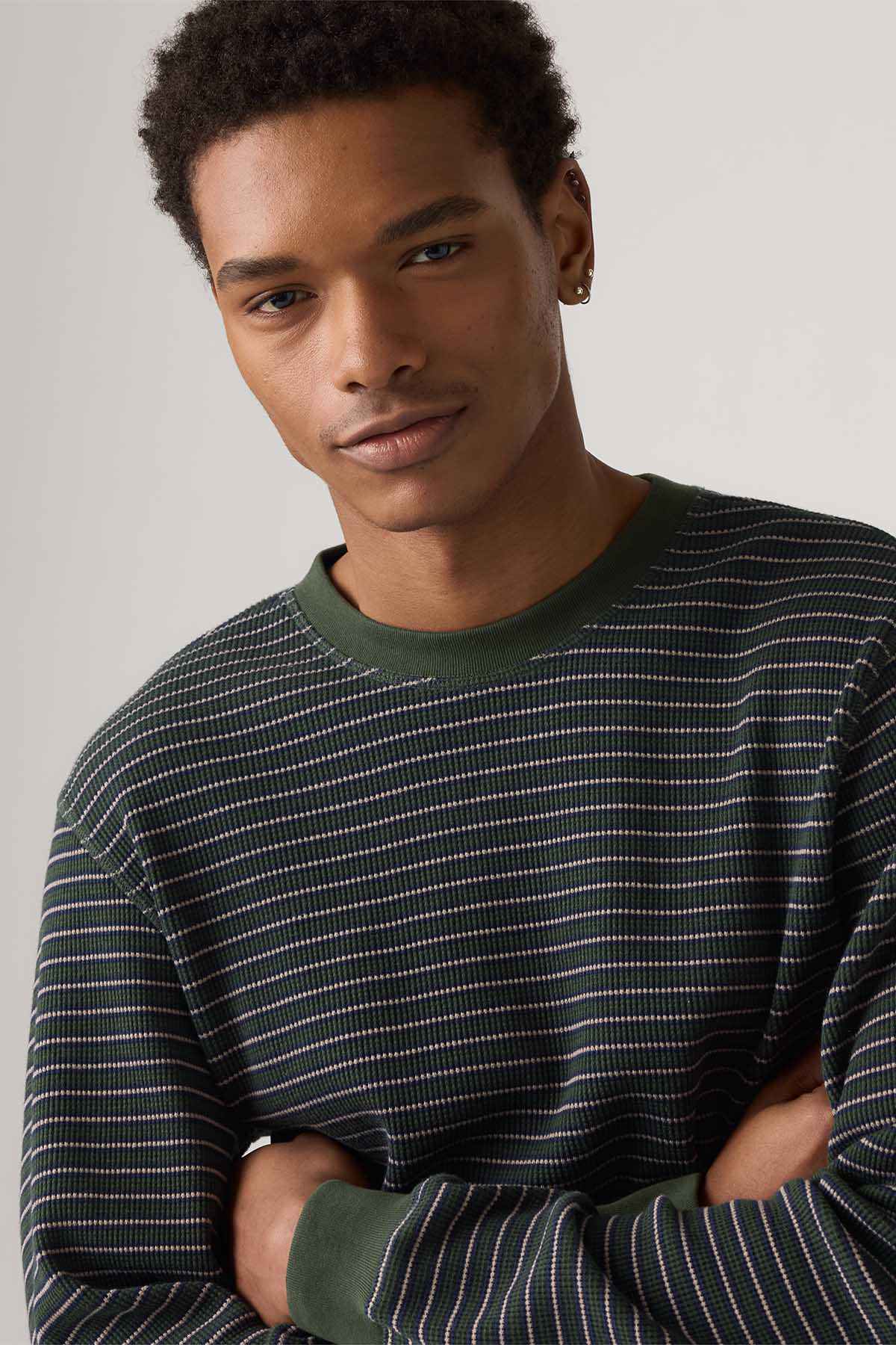 Levi's striped long-sleeve crewneck shirt, close view of neckline and sleeve cuffs