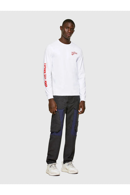 White long-sleeve T-shirt with small red chest logo and red sleeve print