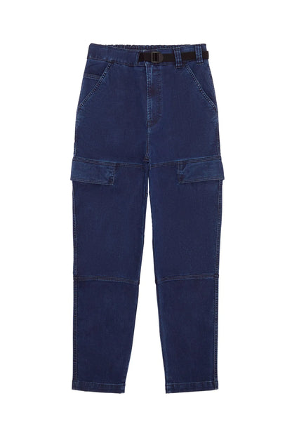 Dark blue denim cargo pants with cargo pockets and button-front waist