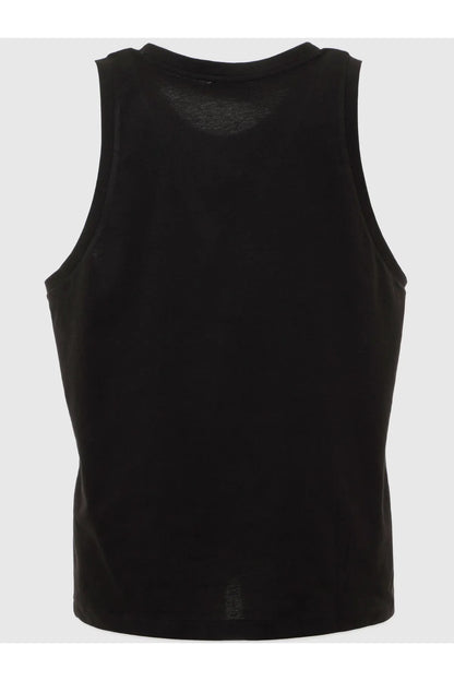 Black sleeveless tank top, crew neck, plain front
