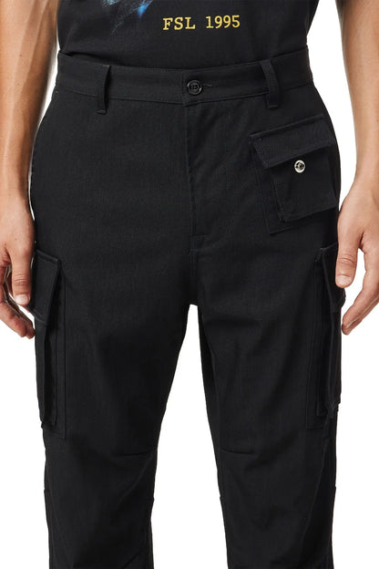 Black cargo pants with drawstring waist, button fly, and side cargo pocket