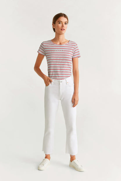 Striped crew-neck T-shirt with short sleeves, blue and red lines on white