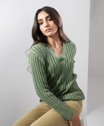 Green rib-knit V-neck sweater with long sleeves and fitted shape