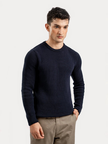 Men's navy blue cotton crewneck sweater with ribbed collar, cuffs, and hem