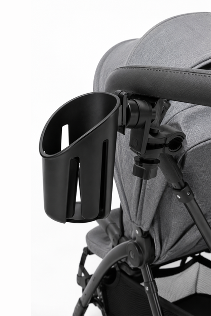 Black stroller cup holder mounted on the arm of a gray pushchair.