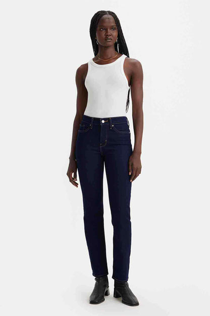 Levi's dark blue straight-leg jeans with belt loops and button fly