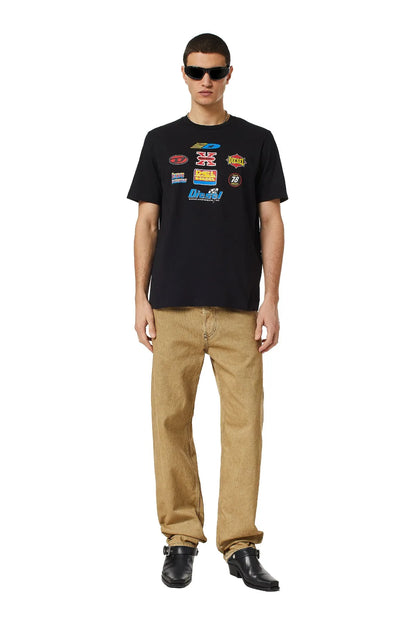 Black crewneck graphic T-shirt with colorful front logos, short sleeves