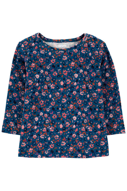 Carter's long-sleeve floral shirt, dark navy with pink and coral flower print