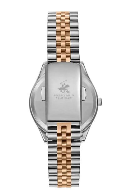 Two-tone stainless watch with engraved caseback and striped gold-silver bracelet
