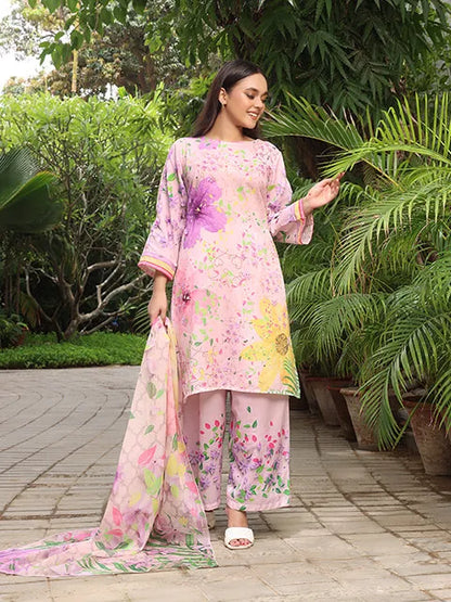 Light pink floral kurta set with palazzo pants and flowing dupatta, side pose
