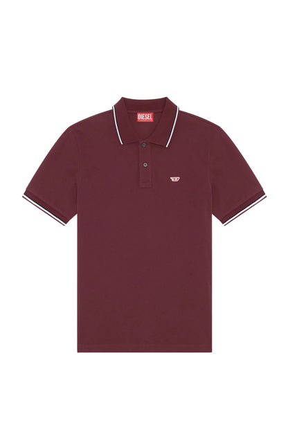 Diesel burgundy polo shirt with DIESEL logo on chest and contrast collar trim.