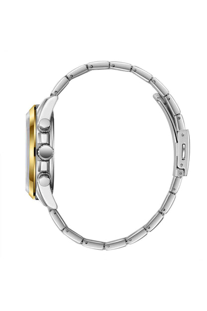 Lee Cooper silver wristwatch side view with gold-toned case edge and metal bracelet
