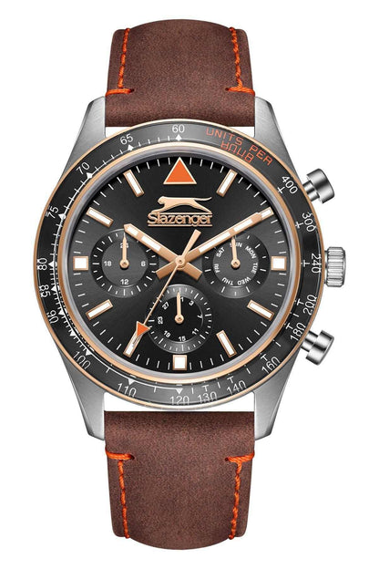 Brown leather-strap wristwatch with dark dial, orange hands, and three chronograph subdials