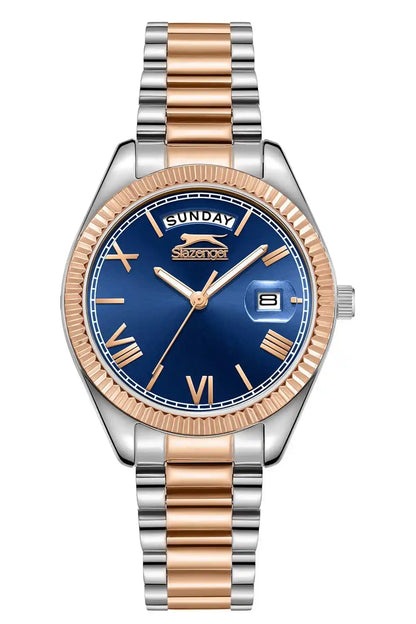 Two-tone stainless watch with blue dial, rose-gold bezel, Roman numerals, date window.