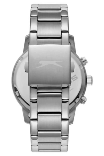 Silver metal wristwatch front close-up with crown and brushed bracelet links