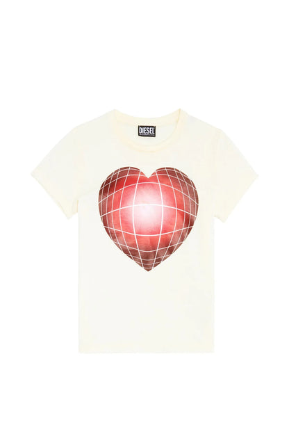 White graphic T-shirt with red globe-heart print and small neck brand label