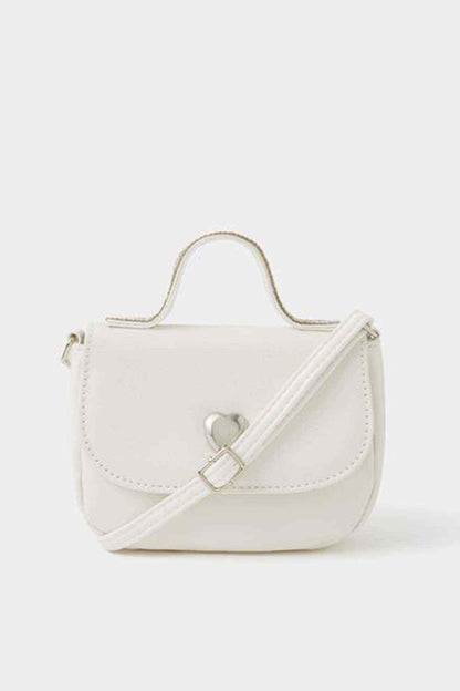 Ivory mini crossbody handbag with front flap, top handle, and shoulder strap