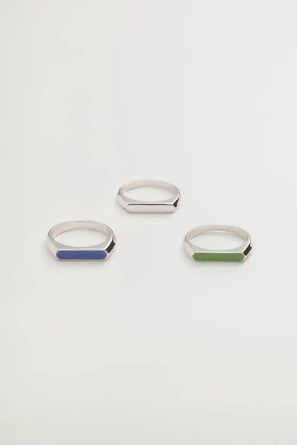 Silver-tone rings set with enamel inlay: blue, green, and clear