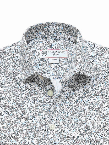Brumano blue-and-white swirl patterned cotton button-up shirt, collar and logo