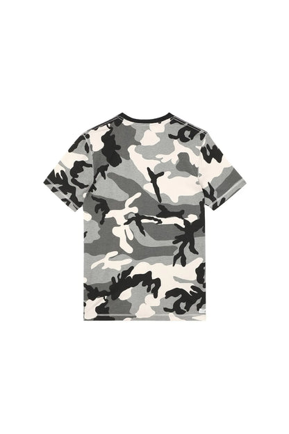 Camouflage T-shirt with crew neck, short sleeves, grey black and white print