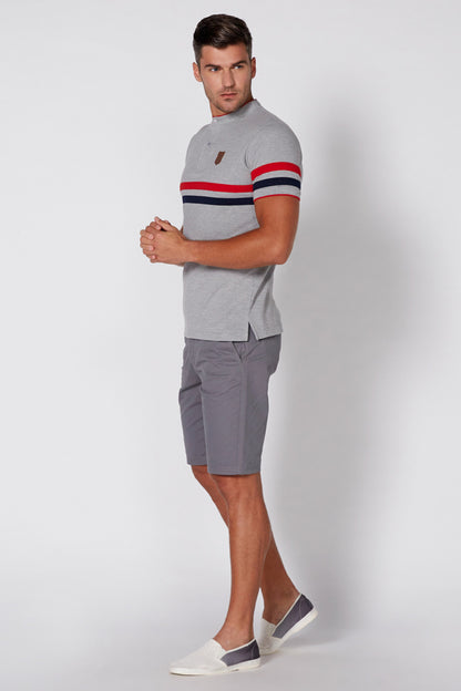 Grey polo shirt with red, white, navy stripe band and short sleeves