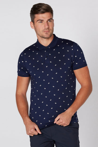 Navy short-sleeve polo shirt with small white patterned dots
