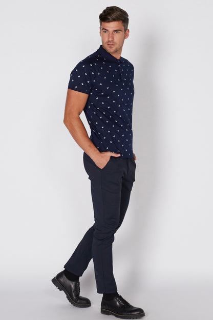 Navy patterned short-sleeve polo shirt with collar and button placket