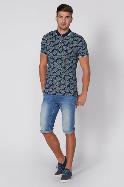 Navy leaf-print polo shirt with short sleeves and striped trim