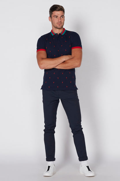 Navy polo shirt with red figure pattern and red-trim collar, short sleeves