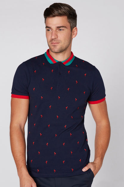 Navy polo shirt with red figure print and red collar trim, short sleeves
