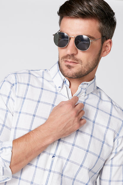 Men's white button-up dress shirt with light blue plaid pattern, long sleeves