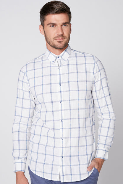 Men's white plaid button-up shirt with button-down collar, long sleeves
