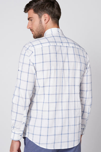 Men's white plaid button-up shirt, long sleeves, back view