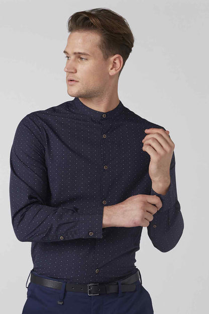 Men's navy patterned button-up shirt with long sleeves, front buttons, side profile