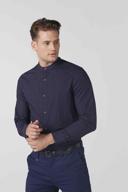 Men's navy patterned button-up shirt, long sleeves, front buttons, standing front view