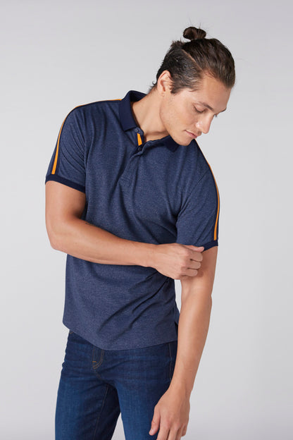 Navy polo shirt with orange-trim collar and sleeve stripes, short button placket