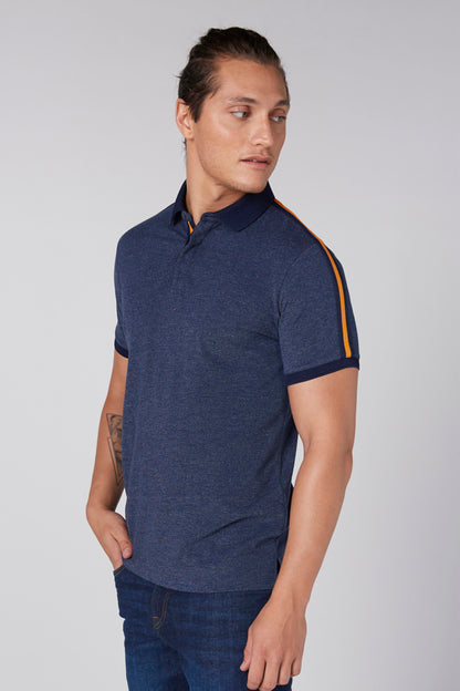 Navy polo shirt with orange-trim collar and sleeve stripes, short button placket