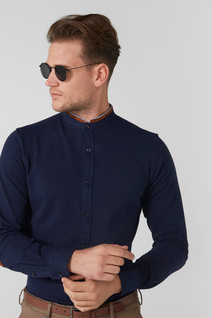 Navy zip-front jacket with stand collar and four-button placket