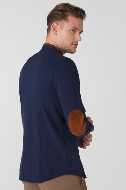 Navy side view zip-front jacket with stand collar