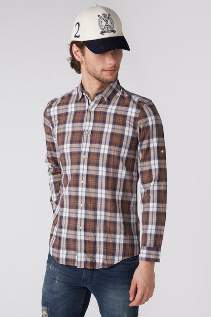 Men's brown plaid button-up shirt, long sleeves and button front