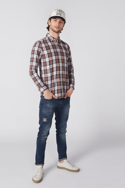 Men's brown plaid button-up shirt with long sleeves and button front, full view