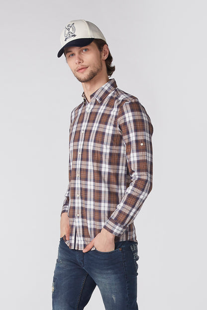 Men's brown plaid button-up shirt, long sleeves, button front, side profile