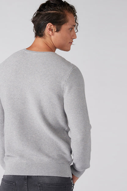 Heather grey crewneck sweater back view with long sleeves and ribbed hem