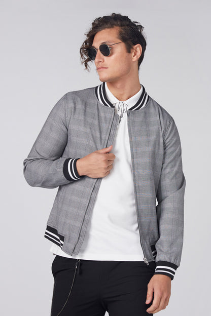 Men's grey plaid zip-front jacket with striped ribbed collar and cuffs