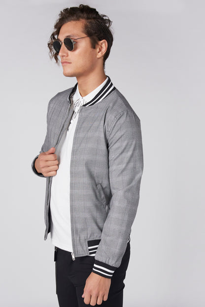 Men's grey plaid zip-front jacket with striped trim collar and cuffs