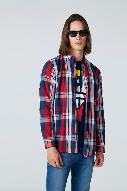 Plaid zip-front jacket in red, blue, and white with ribbed cuffs