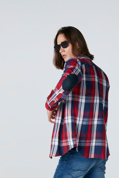 Red, blue, and white plaid zip-front jacket, long sleeves, side view
