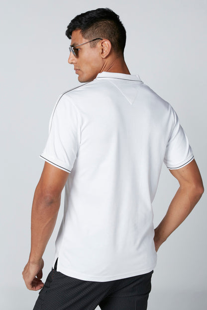 White short-sleeve polo shirt back view with ribbed collar and sleeve trim